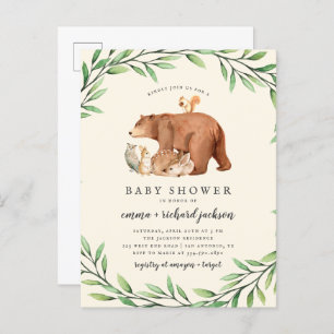 Invitation Carte Postale Crème Bois Végétation Forêt Animaux Baby shower