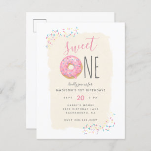 Invitation Carte Postale Crème   Doughnut rose saupoudrer doux 1er annivers