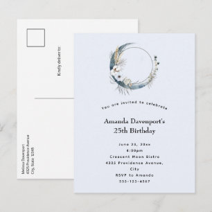 Invitation Carte Postale Crescent Bleu Lune aux fleurs blanches Anniversair