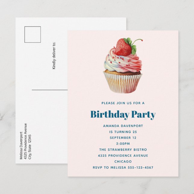 Invitation Carte Postale Cupcake fraise dessert dessert Anniversaire (Devant / Derrière)