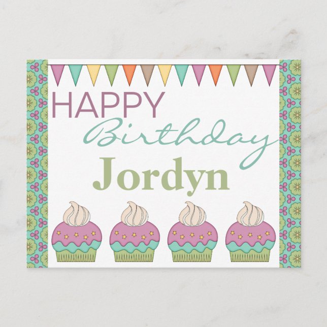 Invitation Carte Postale Cupcake mignonne violet Turquoise fête d'anniversa (Devant)