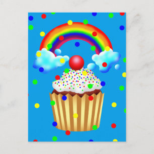 Invitation Carte Postale Cupcake Party avec arc-en-ciel et arroseurs