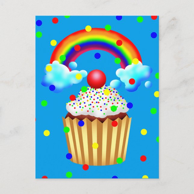 Invitation Carte Postale Cupcake Party avec arc-en-ciel et arroseurs (Devant)