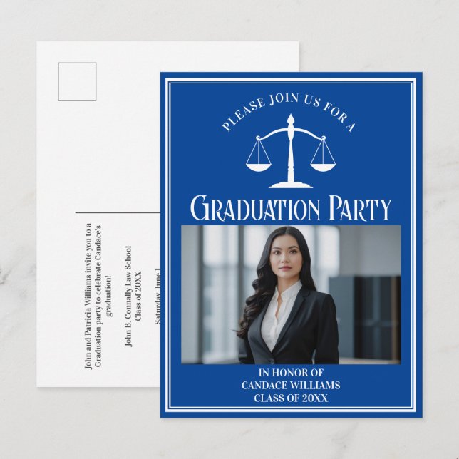 Invitation Carte Postale Custom Blue Law School Graduation Photo Party (Devant / Derrière)