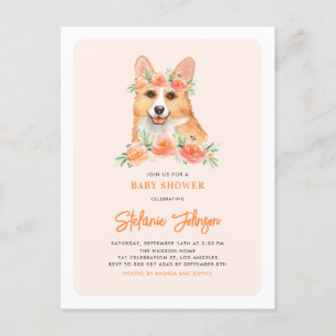 Invitation Carte Postale Cute Aquarelle Corgi Pêche Baby shower Floral