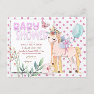 Invitation Carte Postale Cute Baby shower rose Unicorn