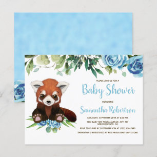 Invitation Carte Postale Cute Bear Bleu Fleurs verdure Baby shower garçon