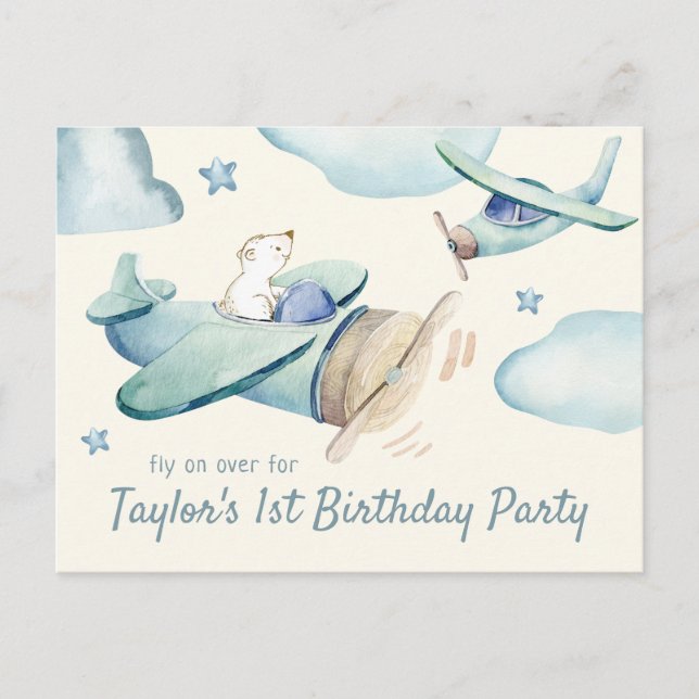 Invitation Carte Postale Cute Bear Flying Avion Baby's 1st Birthday (Devant)