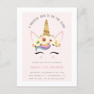 Invitation Carte Postale Cute Blush Magique Unicorn fête d'anniversaire
