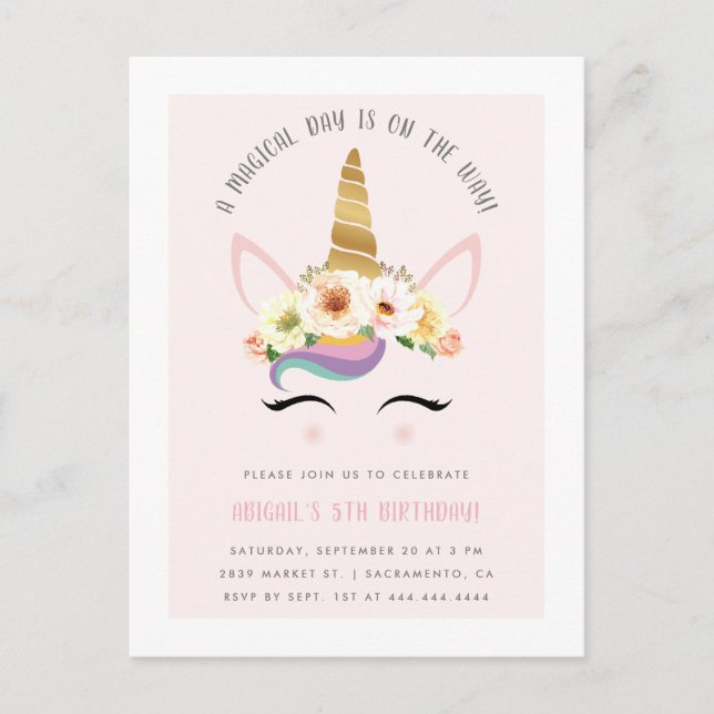 Invitation Carte Postale Cute Blush Magique Unicorn fête d'anniversaire (Devant)