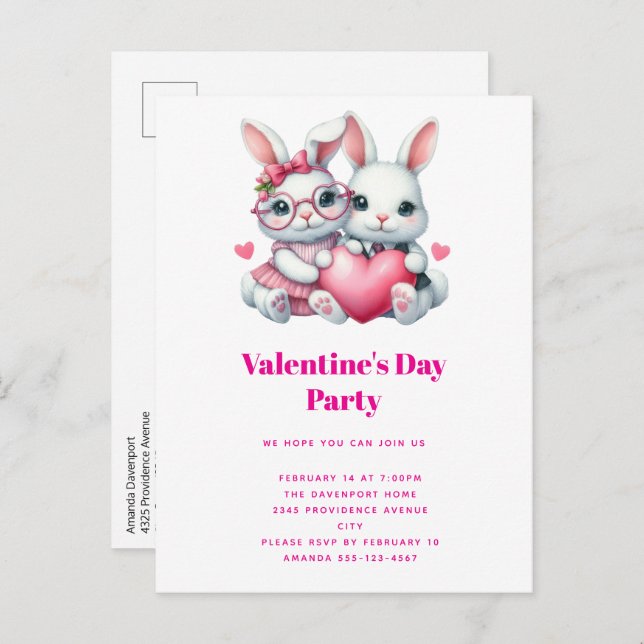 Invitation Carte Postale Cute Bunnies Sharing a Heart Valentine's Party (Devant / Derrière)