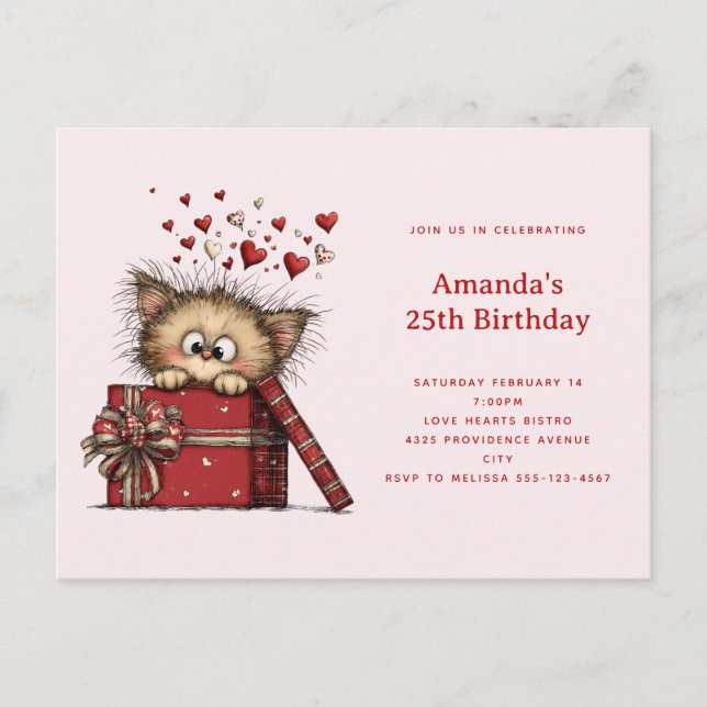 Invitation Carte Postale Cute Cartoon Kitten in a Box with Hearts Birthday (Devant)