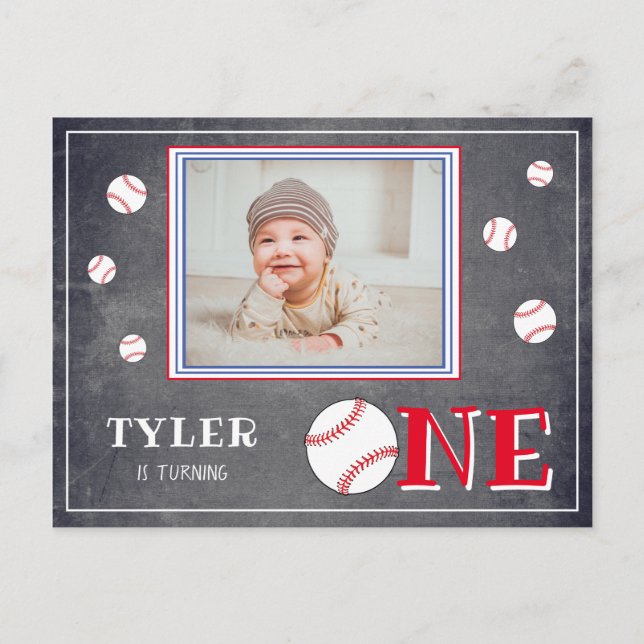 Invitation Carte Postale Cute Chalkboard Baseball Photo 1er anniversaire (Devant)
