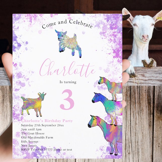 Invitation Carte Postale Cute Chèvres ferme animal 3e fête d'anniversaire (Cute goats farm animal 3rd birthday party budget invitation postcard colorful watercolor animal art)