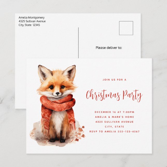 Invitation Carte Postale Cute Fox Pup in a Red Scarf Christmas Party (Devant / Derrière)