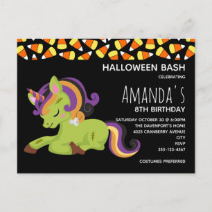 Invitation Carte Postale Cute Frankenstein Unicorn Halloween Anniversaire