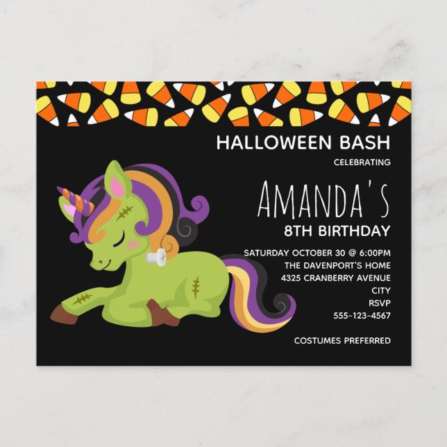 Invitation Carte Postale Cute Frankenstein Unicorn Halloween Anniversaire (Devant)