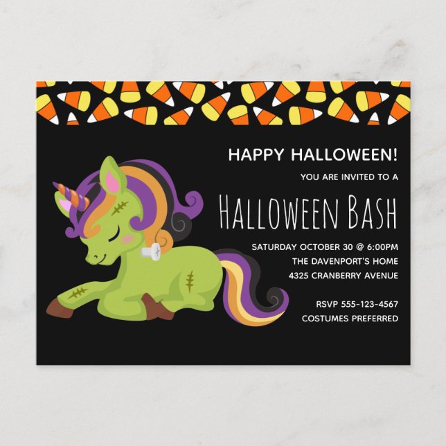 Invitation Carte Postale Cute Frankenstein Unicorn Halloween Party (Devant)