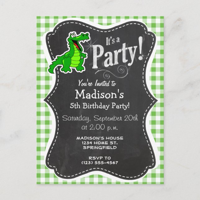 Invitation Carte Postale Cute Gator ; En vichy verte (Devant)