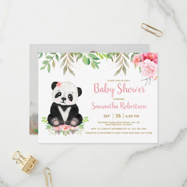 Invitation Carte Postale Cute Girl Ours Blush Rose Floral Baby shower Photo (Devant/Arrière en situation)