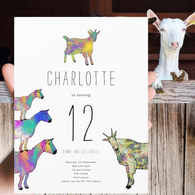 Invitation Carte Postale Cute Goat Farm Animal 12e anniversaire Budget de f (Cute goats colorful farm animal watercolor art 12th birthday party budget invitation postcard)