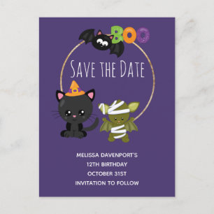Invitation Carte Postale Cute Halloween Chat, chauve-souris et maman Boo En