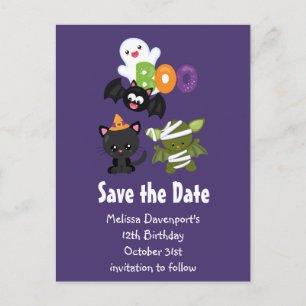 Invitation Carte Postale Cute Halloween Chat, chauve-souris, maman Enregist