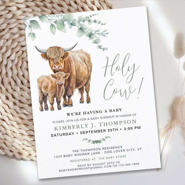 Invitation Carte Postale Cute Highland Cow Moderne Baby shower d'Eucalyptus (Créateur téléchargé)