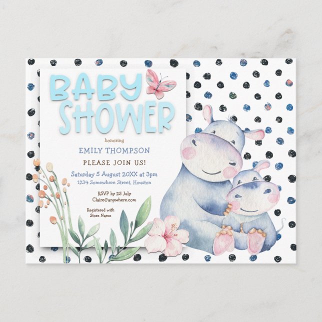 Invitation Carte Postale Cute Hippos Pois Baby shower bleu (Devant)