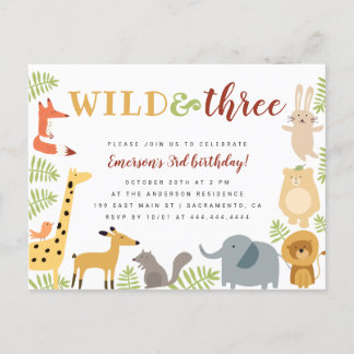 Invitation Carte Postale Cute Jungle Animaux & Feuilles Wild & Trois Annive