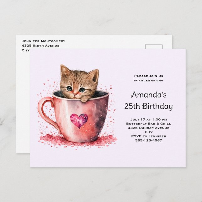 Invitation Carte Postale Cute Kitten dans un Teacup avec coeur Anniversaire (Devant / Derrière)