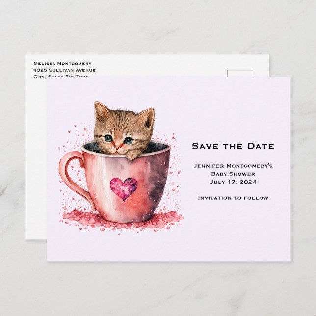 Invitation Carte Postale Cute Kitten dans un Teacup avec les coeurs Économi (Devant / Derrière)