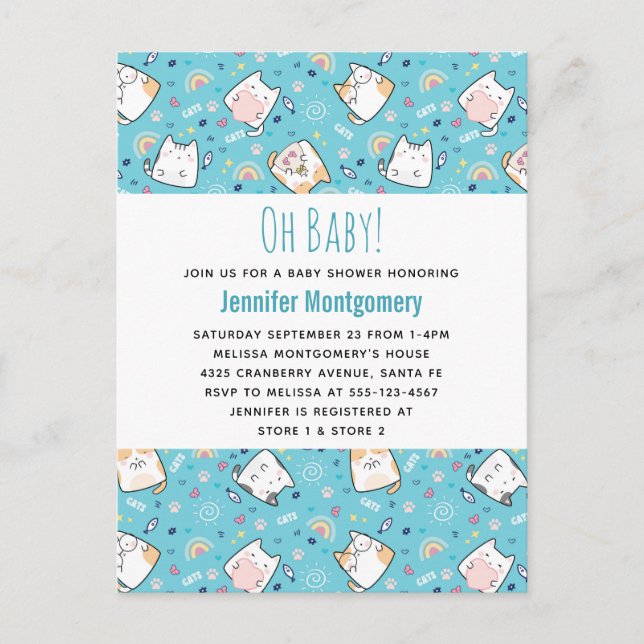 Invitation Carte Postale Cute Kitty Chat Motif Baby shower Whimsical (Devant)