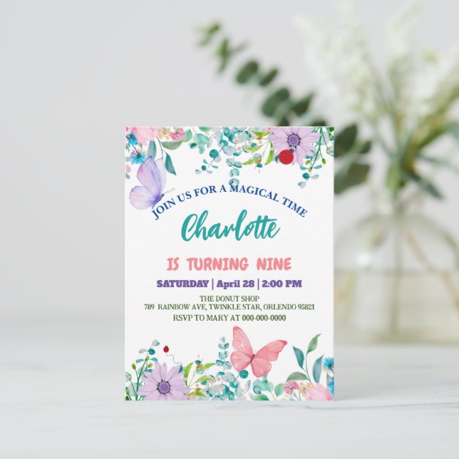Invitation Carte Postale Cute Ladybug Polka point floral Fleur Nom d'annive (Debout devant)