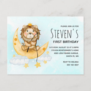 Invitation Carte Postale Cute Lion Pêche sur la Lune Aquarelle Anniversaire