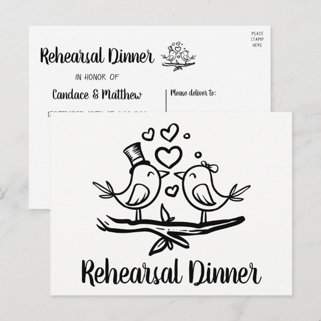 Invitation Carte Postale Cute Lovebird Black White Mariage Dîner de répétit (Devant / Derrière)