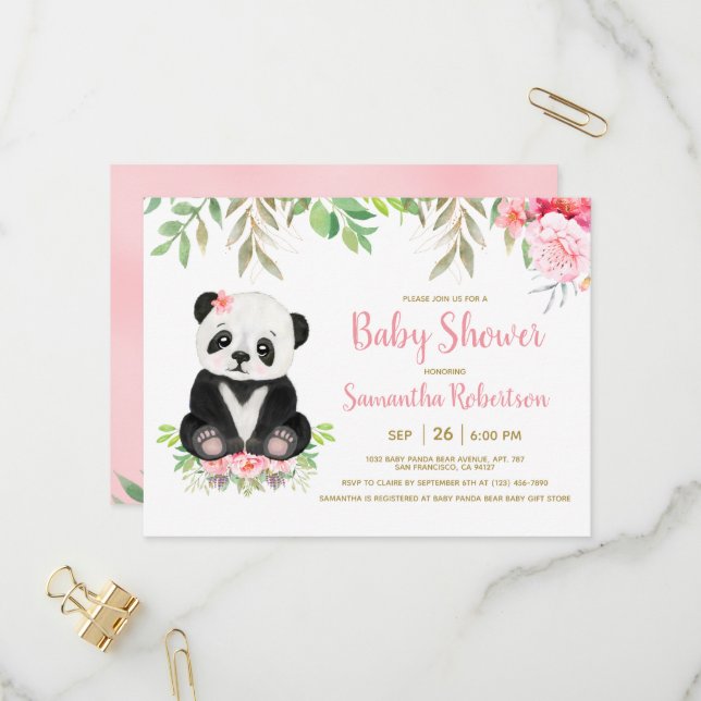 Invitation Carte Postale Cute Ours Blush rose Aquarelle Baby shower fille (Devant/Arrière en situation)