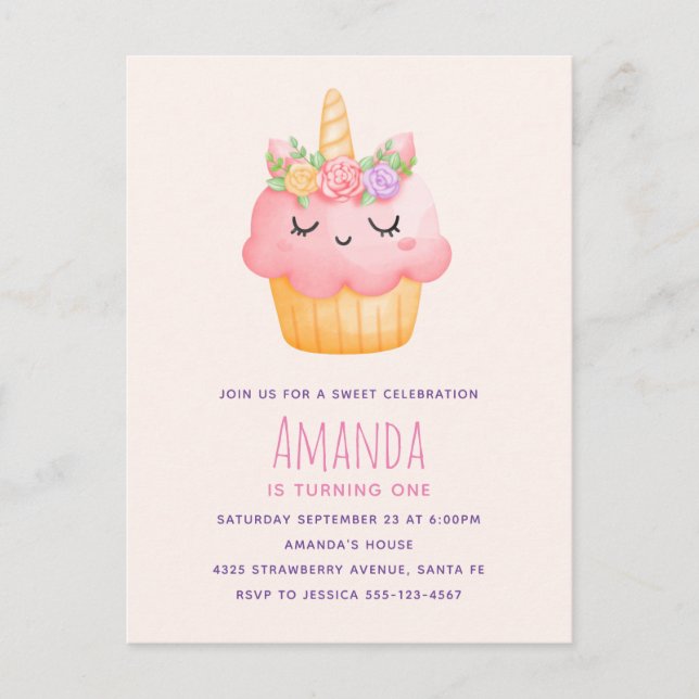 Invitation Carte Postale Cute Pink Cupcake Unicorn avec Rose Anniversaire (Devant)