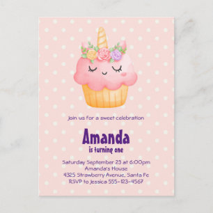 Invitation Carte Postale Cute Pink Cupcake Unicorn avec Rose Anniversaire
