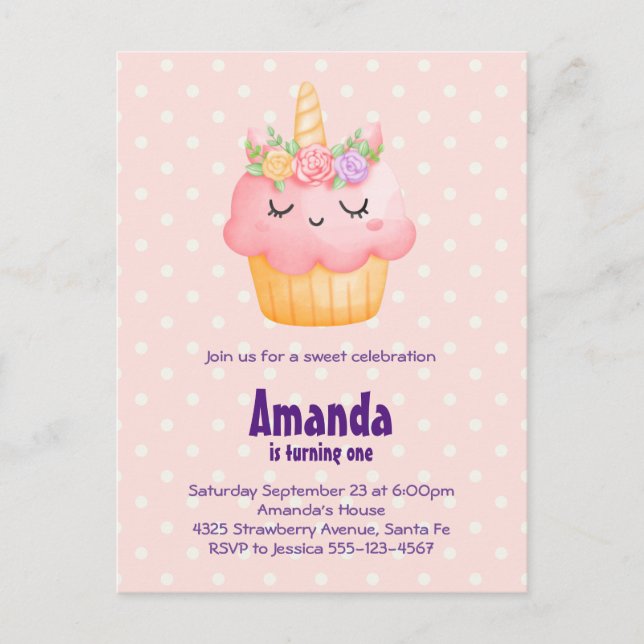 Invitation Carte Postale Cute Pink Cupcake Unicorn avec Rose Anniversaire (Devant)