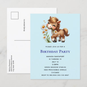 Invitation Carte Postale Cute Pony Mange Daisées Anniversaire