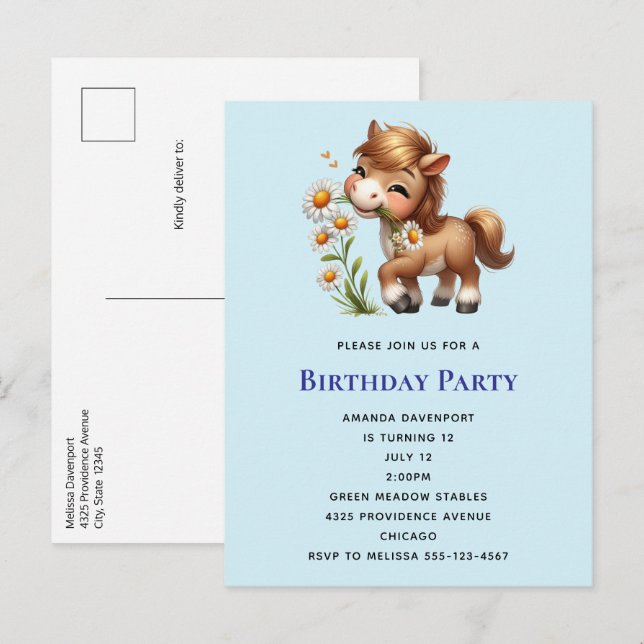 Invitation Carte Postale Cute Pony Mange Daisées Anniversaire (Devant / Derrière)