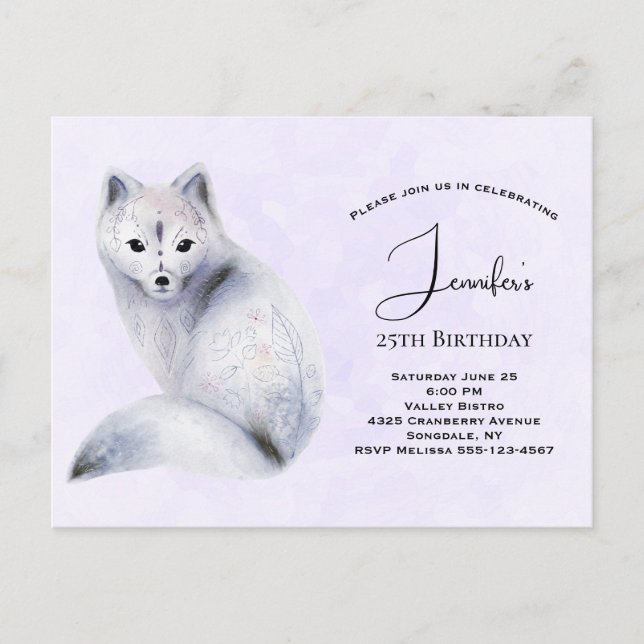 Invitation Carte Postale Cute renard nordique avec marques florales (Devant)