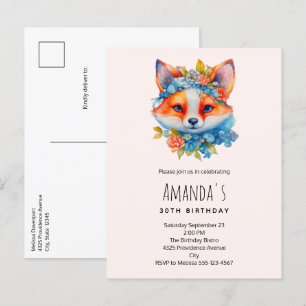 Invitation Carte Postale Cute Renard orange avec Couronne florale Anniversa