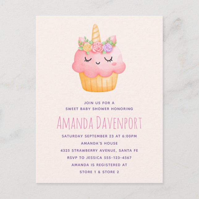Invitation Carte Postale Cute rose Cupcake Unicorn avec Baby shower Rose (Devant)