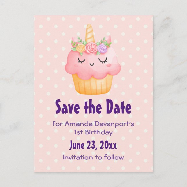 Invitation Carte Postale Cute rose Cupcake Unicorn avec Roses Enregistrer l (Devant)