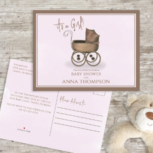 Invitation Carte Postale Cute Rose Girl Vintage bébé transport classique