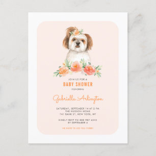 Invitation Carte Postale Cute Shih Tzu Aquarelle Pêche Baby shower Floral