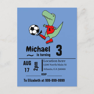 Invitation Carte Postale Cute T-rex dinosaure Soccer Anniversaire