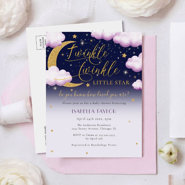 Invitation Carte Postale Cute Twinkle Little Star Rose Girl Baby shower (Créateur téléchargé)